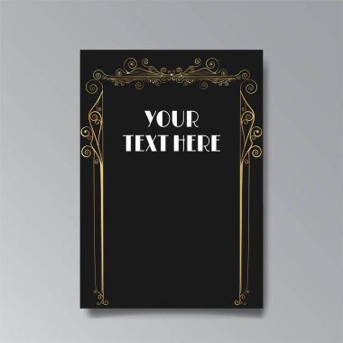 Art Nuevo template golden-black white, A4 page, card, invitation, floral lines and swirls ornament in a romantic style, beautiful background, luxury invite. Wedding foliage swirl flourish flyer
