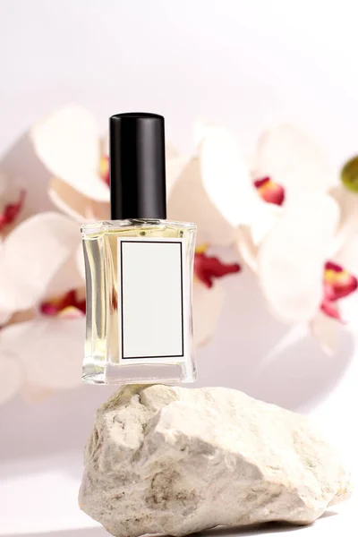 Glas Parfum Fles Steen Orchidee Achtergrond Mock Upi — Stockfoto