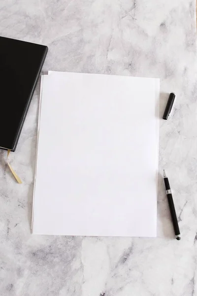 White Blank Paper Pen Anotebok Marble Background — Stockfoto