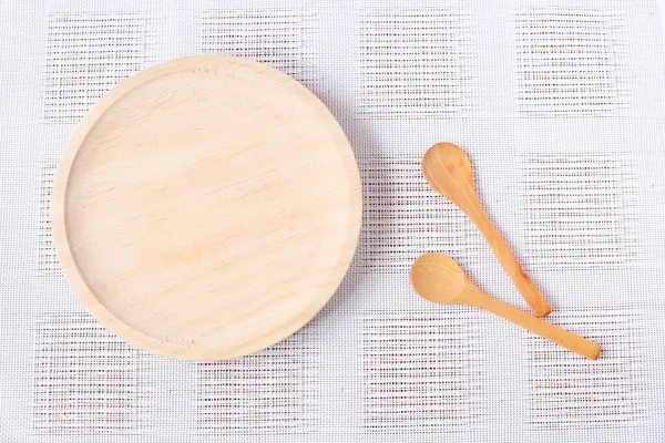 Ξύλινο Στρογγυλό Πιάτο Και Κουτάλι Mockup — Φωτογραφία Αρχείου