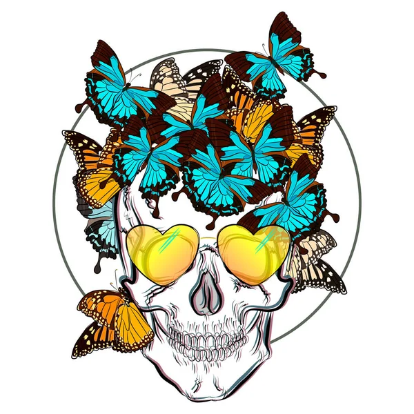 Imprime Con Cráneo Cráneo Gafas Sol Con Mariposas Alrededor Impresión — Foto de Stock