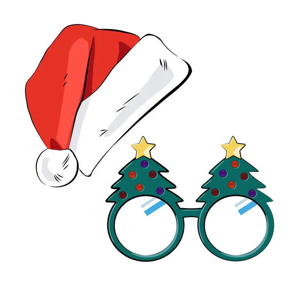 Sada Vánočních Doplňků Santa Claus Klobouk Brýle Vánoční Stromky — Stockový vektor