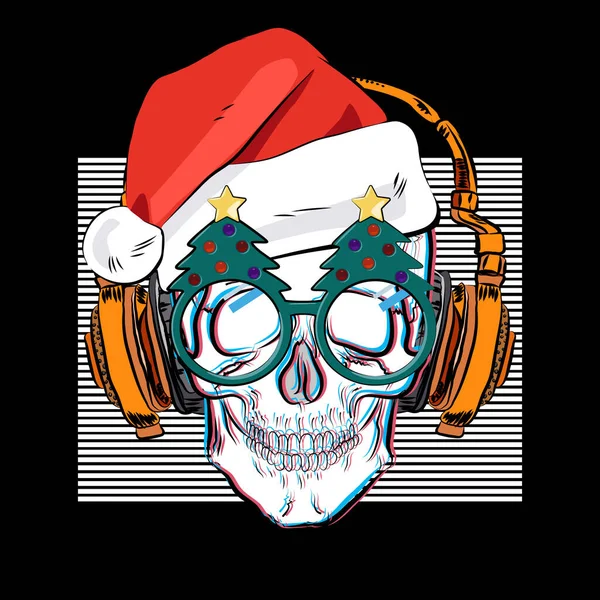 Crâne Dans Chapeau Noël Des Lunettes Avec Des Arbres Noël — Image vectorielle