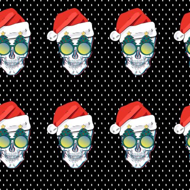 Noktalı kusursuz desen ve gözlüklü bir kafatası. Mizahlı Noel geçmişi.