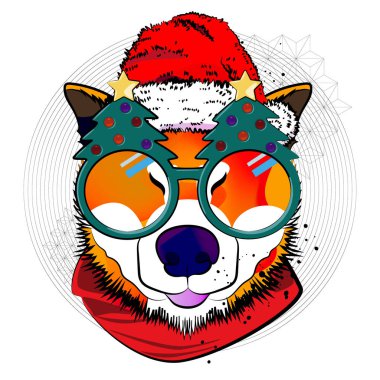 Akita Noel Baba. Yeni yıl tatili için resim.