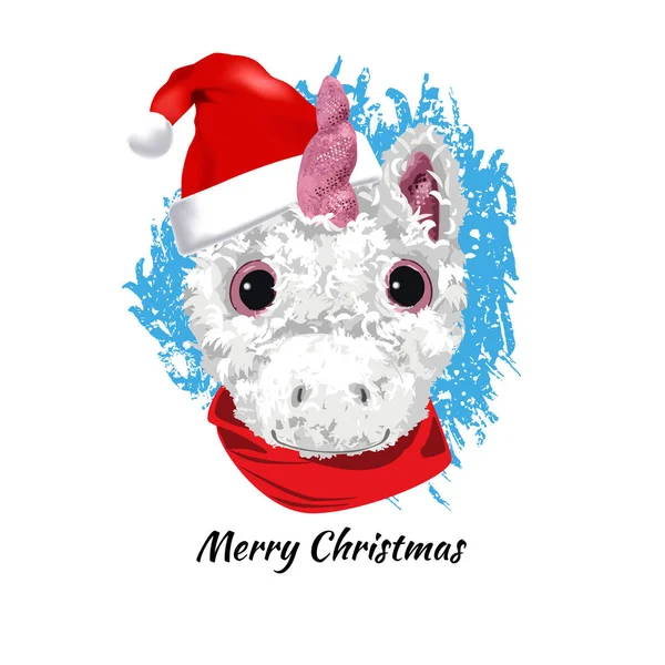 New Year Card Unicorn Wearing Santa Caus Hat — Stock Vector