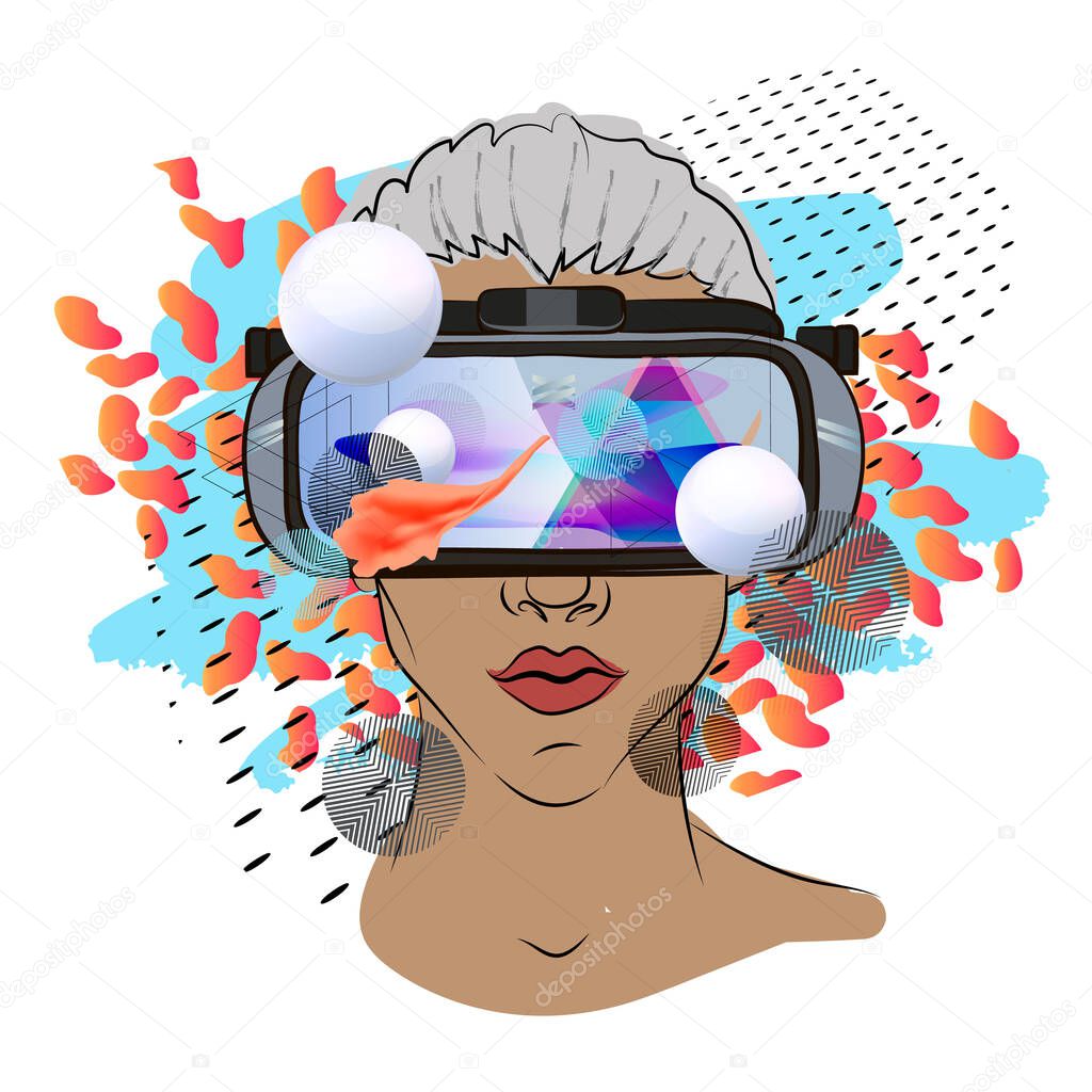 Girl in virtual reality glasses.