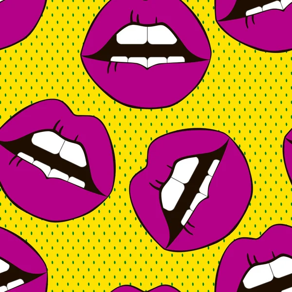 Pop Art Achtergrond Vrouwelijke Lippen Sexy Naadloos Patroon — Stockvector