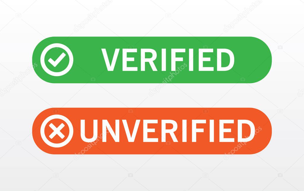 Verified and unverified sign button in green and red color vector illustration on white background.