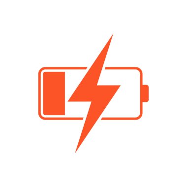 Beyaz arkaplanda kırmızı şarj edilmiş pil simgesi izole edilmiş düz tasarım vektör çizimi.