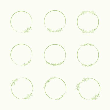 Açık yeşil arkaplanda izole edilmiş yeşil çiçekli yuvarlak çerçeveler kümesi..