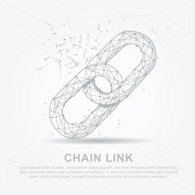 Zincir halkası dijital olarak kırık bir üçgen şeklinde çizilmiş ve dağınık noktalar düşük poli tel çerçeve.