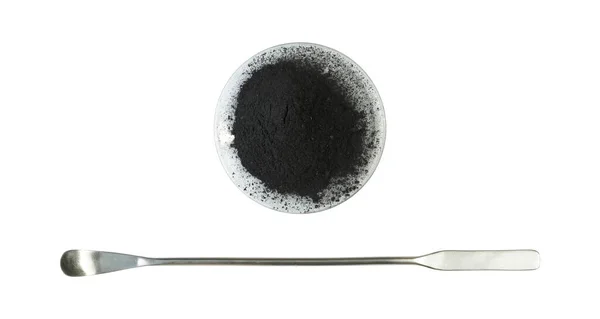 Carbon Charcoal Powder Chemical Watch Glass Placed Next Stainless Spatula — Stock Photo, Image
