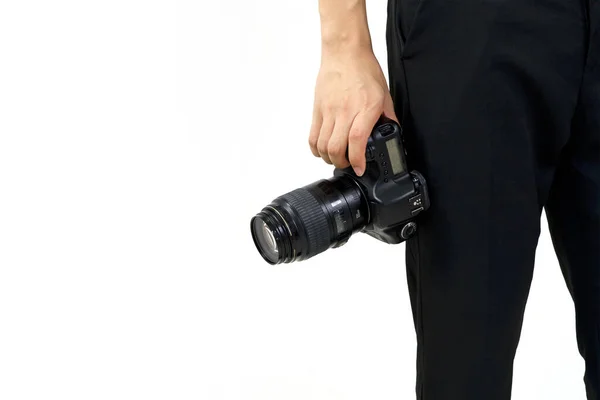 Fotografen Håller Kameran För Hand Höftläge — Stockfoto