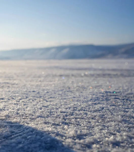 Superficie Del Lago Está Cubierta Nieve Lago Baikal Rusia — Foto de Stock