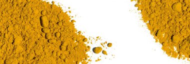 Organik Curcuma Tozu, Kozmetik Kimyasal malzeme beyaz laboratuvar masasında. Üst Görünüm