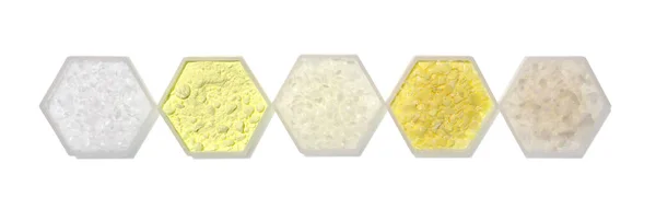 Ingrediente Químico Recipiente Forma Molecular Hexagonal Polietileno Polvo Azufre Cera — Foto de Stock