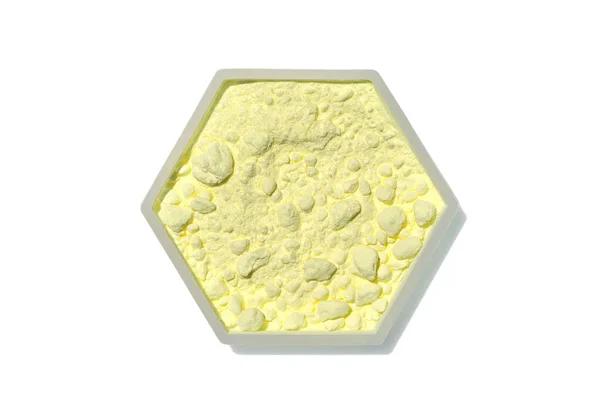 Svavelpulver Hexagonal Molekylformad Behållare Vit Bakgrund Ovanifrån — Stockfoto