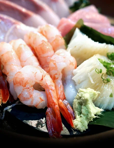 Primer Plano Ama Ebi Conjunto Sashimi Chef Choice Camarones Engawa — Foto de Stock