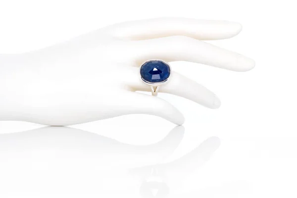 Blue Sapphire Ring Plastic Mannequin Female Hand Collection Natural Gemstones — 스톡 사진