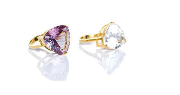 Amethyst White Topaz Jewel Gems Ring White Background Reflection Collection — 스톡 사진