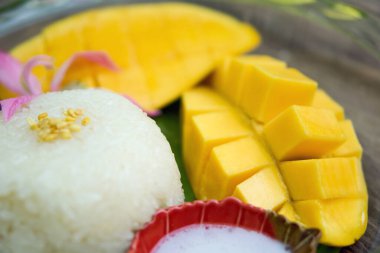 Muz yaprakları üzerinde sunulan yapışkan pirinç ile tatlı Barakuda mangosu ve hindistan cevizi sütü..