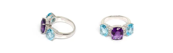 Amethyst Blue Topaz White Sapphire Jewel Gems Ring White Background — 스톡 사진