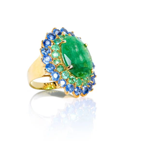 Emerald Tanzanite Ring White Background Reflection Collection Natural Gemstones Accessories — Stockfoto