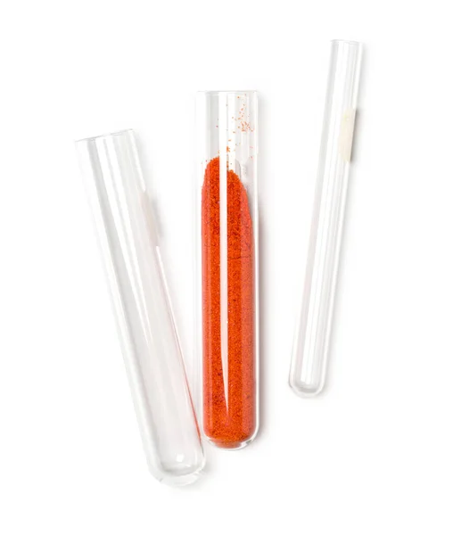 Potassium Ferricyanide in test tube. Closeup chemical ingredient on white laboratory table.
