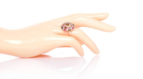 Tourmaline Diamond Jewel Gems Ring Plastic Mannequin Female Finger Collection — 스톡 사진