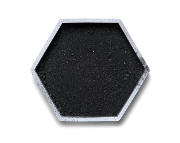 Kol Träkol Pulver Hexagonal Molekylformad Behållare Vit Bakgrund — Stockfoto