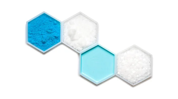 Chemische Zutat Einem Sechseckigen Molekularförmigen Behälter Kupfer Sulfat Natriumhydroxid Pellets — Stockfoto