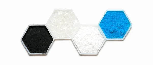 Kemisk Ingrediens Hexagonal Molekylformad Behållare Kolkol Natriumtiosulfat Karbamid Och Koppar — Stockfoto