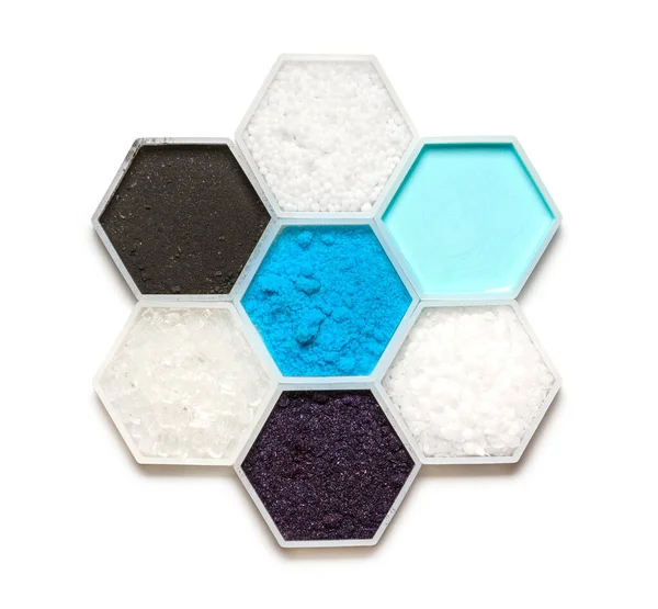 Chemical Ingredient Hexagonal Molecular Shaped Container Carbon Charcoal Powder Urea — Stockfoto