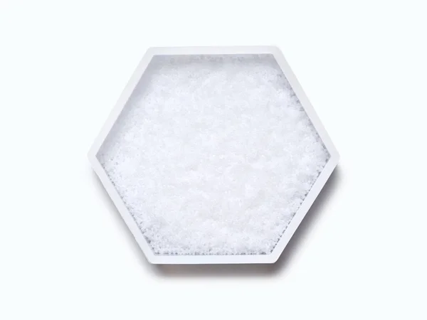 Sodium Hydroxide Pellets Hexagonal Molecular Shaped Container White Background Top — Stockfoto