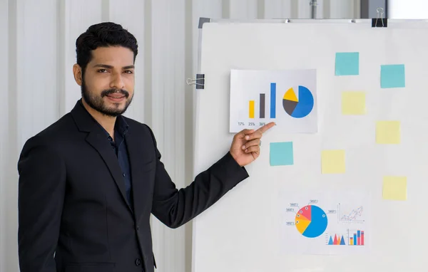 Young wavy hair, moustache and beard businessman in black suit  pointing finger at pie chart on white board. Training and education concepts.