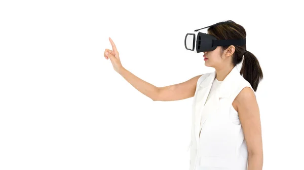 Asian Woman White Dress Using Virtual Reality Glasses Play Interactive — Stock Fotó