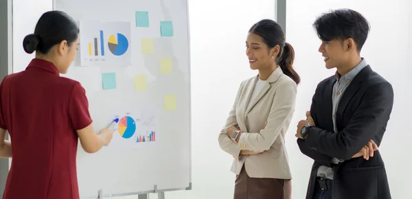Young Asian Businesswoman Brown Suit Looking Pie Chart White Board — Foto de Stock