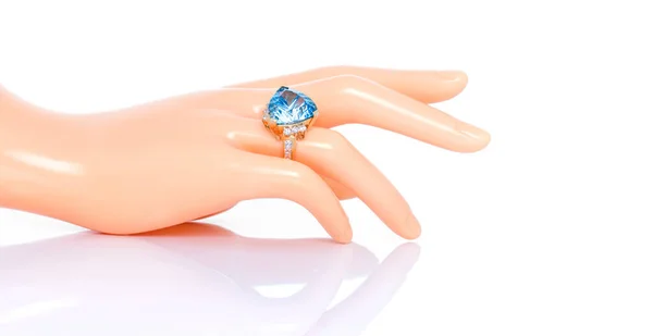 Swiss Blue Topaz Concave Cut Diamond Ring Plastic Mannequin Female — Stock Photo, Image
