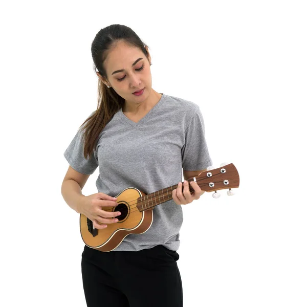 Mujer Asiática Camiseta Gris Pantalón Negro Tocando Una Guitarra Ukulele — Foto de Stock