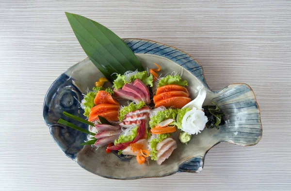 Sashimi Mori Mix Sashimi Set Served Ceramic Plate Decorated Green — ストック写真