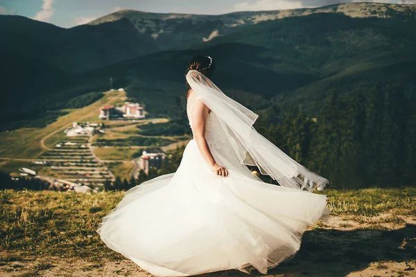 Een Mooie Bruid Een Witte Jurk Draait Rond Bergen Vrijheid — Stockfoto