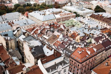 Lviv şehri. Yukarıdan yerleşim binalarının manzarası. Yüksek kalite fotoğraf