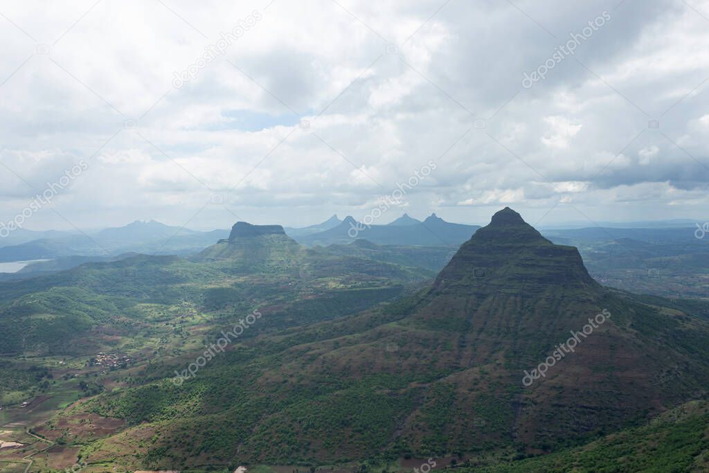 View of Salher fort from the  Mangi Tungi hills, Nashik, Maharashtra, India.