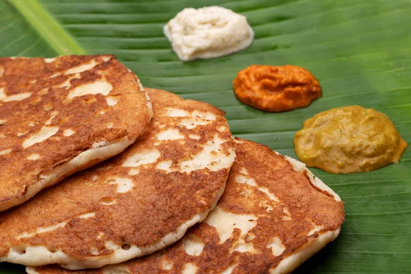 Sponge Dosa Dengan Chutney Kelapa Chutney Merah Dan Chutney Hijau — Stok Foto