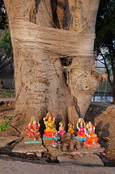 位于印度马哈拉施特拉邦浦那附近朱纳尔的Shri Panchalinga Prasanna寺外的Lakshmi女神的小偶像和Banyan树 — 图库照片
