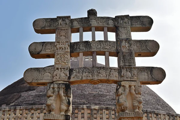 Stupa West Gateway Primer Plano Architrave Tallado Great Stupa Patrimonio —  Fotos de Stock