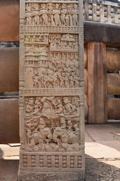 Stupa North Gateway Left Pillar Front Face Panel Village Life — Stock Photo, Image