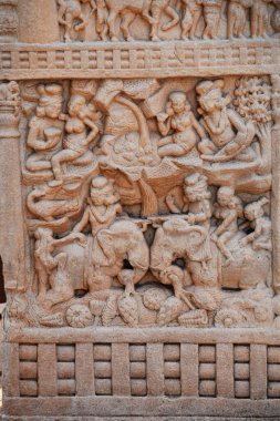 Stupa No 1, North Gate, Right Pillar, Front Face Paneli 5: Panel köydeki bazı dinlenme faaliyetlerini tasvir etmektedir. Büyük Stupa, Dünya Mirası Sitesi, Sanchi, Madhya Pradesh, Hindistan. 