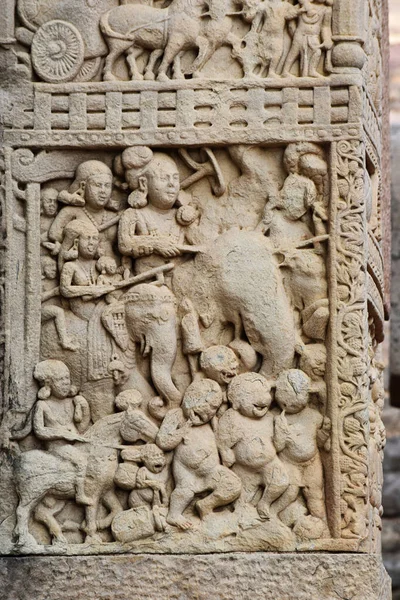 Stupa Porta Sud Fronte Pilastro Sinistro Pannello Indra Sua Moglie — Foto Stock